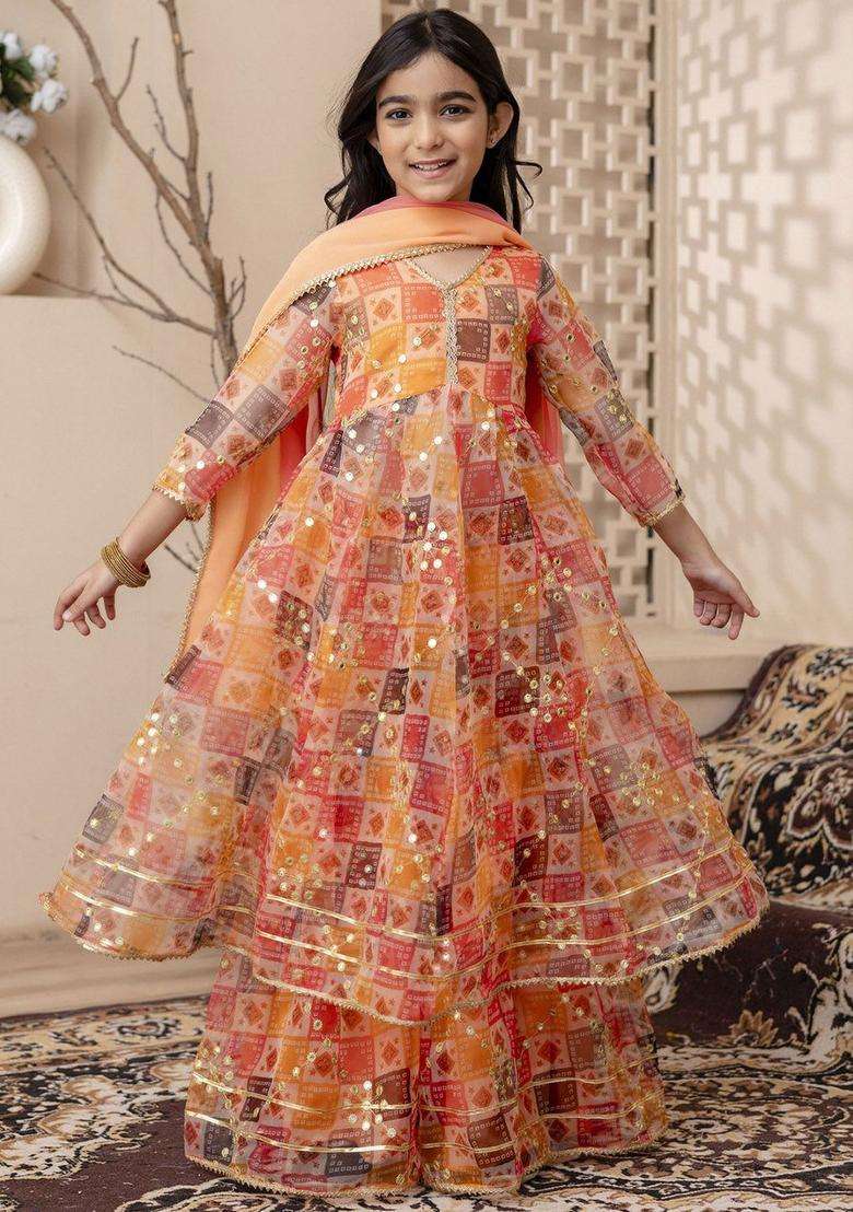 Orange Embroidered Organza Kurta Set For Girls - Indya