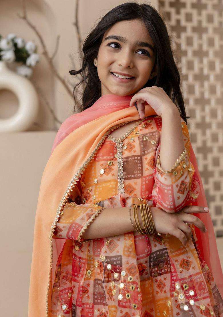 Orange Embroidered Organza Kurta Set For Girls - Indya