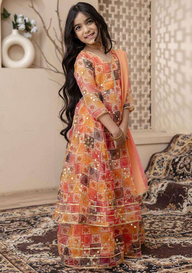 Orange Embroidered Organza Kurta Set For Girls - Indya