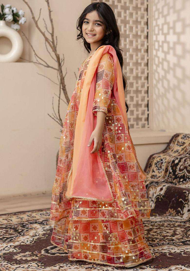 Orange Embroidered Organza Kurta Set For Girls - Indya
