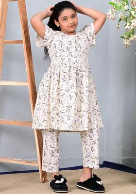 Off White Printed Cotton Kurta Set For Girls