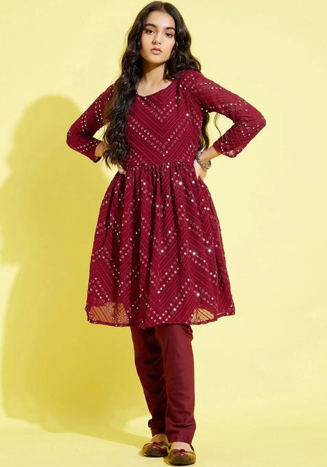 Maroon Embroidered Georgette Kurta Set For Girls — view on Indya