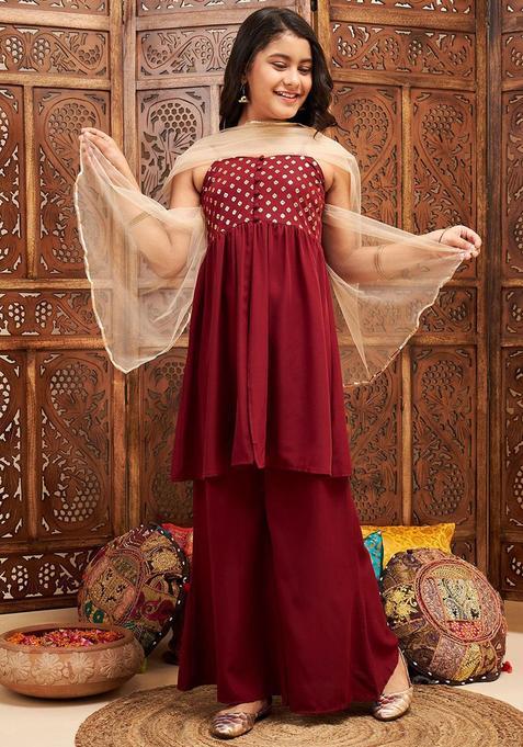 Maroon Printed Polyester Kurta Set For Girls — view on Indya
