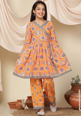 Orange Printed Polyester Kurta Set For Girls