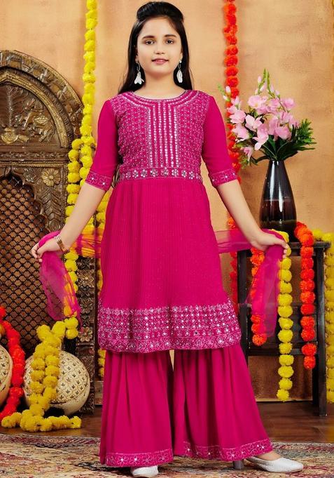 Pink Georgette Kurta Set For Girls — view on Indya