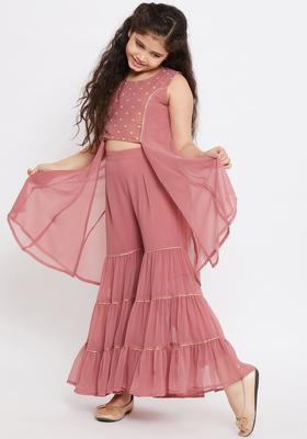 Pink Solid Georgette Kurta Set For Girls
