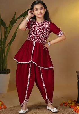 Maroon Embroidered Silk Kurta Set For Girls