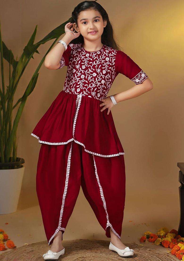 Maroon Embroidered Silk Kurta Set For Girls - Indya