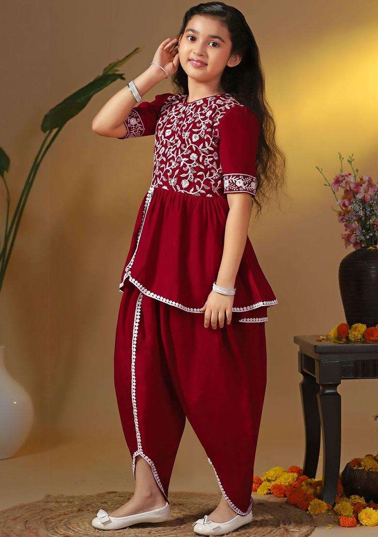Maroon Embroidered Silk Kurta Set For Girls - Indya
