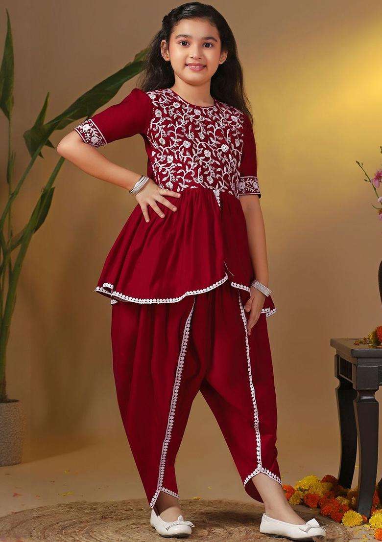 Maroon Embroidered Silk Kurta Set For Girls - Indya