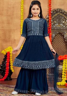 Turquoise Blue Embroidered Georgette Kurta Set For Girls