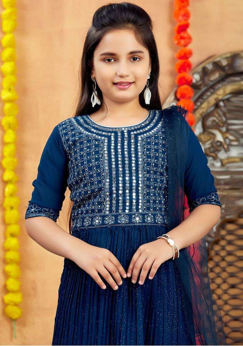 Turquoise Blue Embroidered Georgette Kurta Set For Girls - Indya