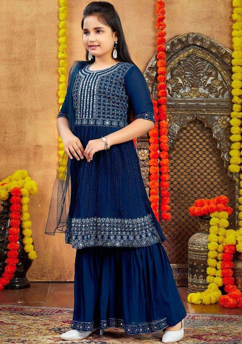 Turquoise Blue Embroidered Georgette Kurta Set For Girls - Indya
