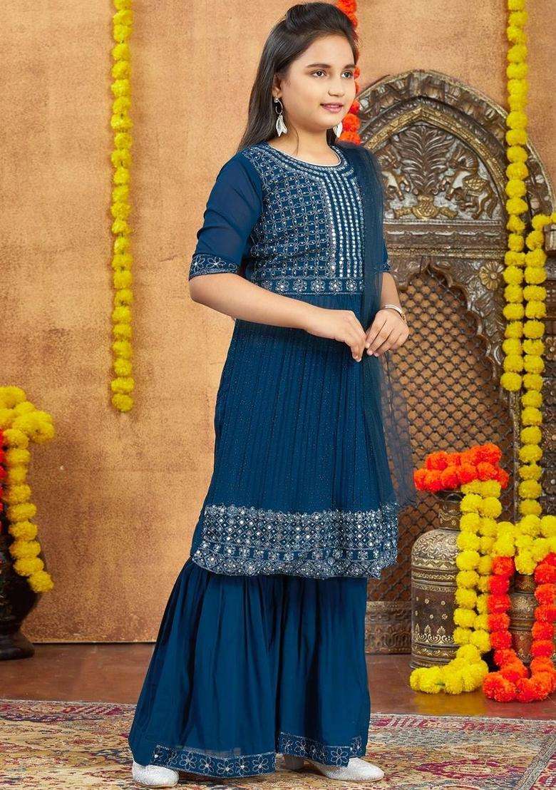 Turquoise Blue Embroidered Georgette Kurta Set For Girls - Indya