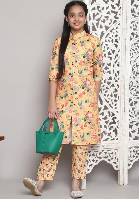 Yellow Printed Viscose Kurta Set For Girls — view on Indya