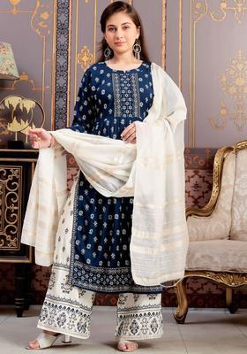 Turquoise Blue Printed Viscose Kurta Set For Girls