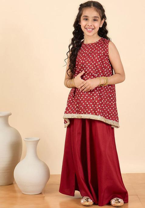 Maroon Printed Polyester Kurta Set For Girls — view on Indya