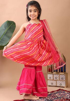 Pink Printed Chinon Kurta Set For Girls