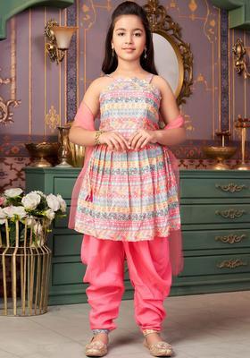 Pink Printed Silk Kurta Set For Girls