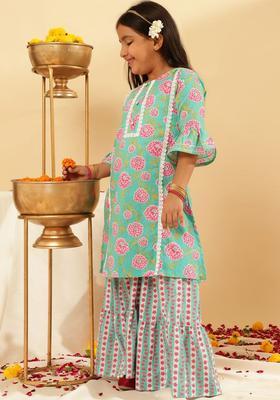 Turquoise Blue Printed Cotton Kurta Set For Girls