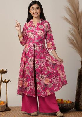 Pink Printed Silk Kurta Set For Girls