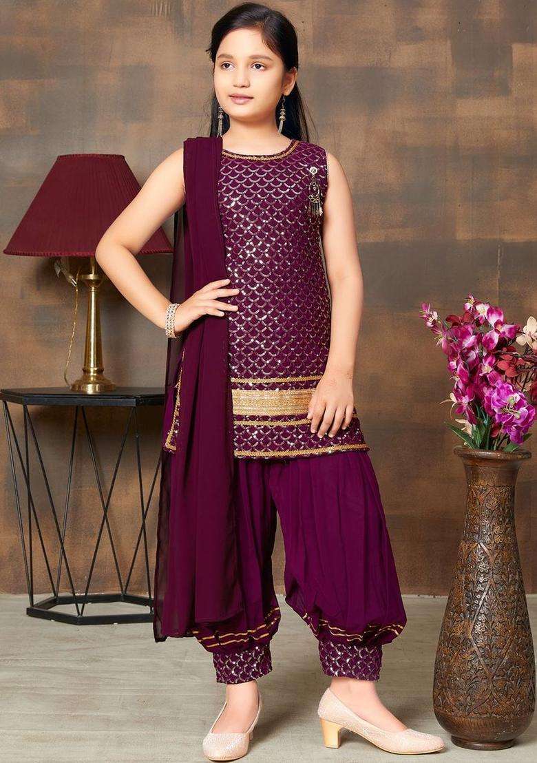 Purple  Georgette Kurta Set For Girls - Indya