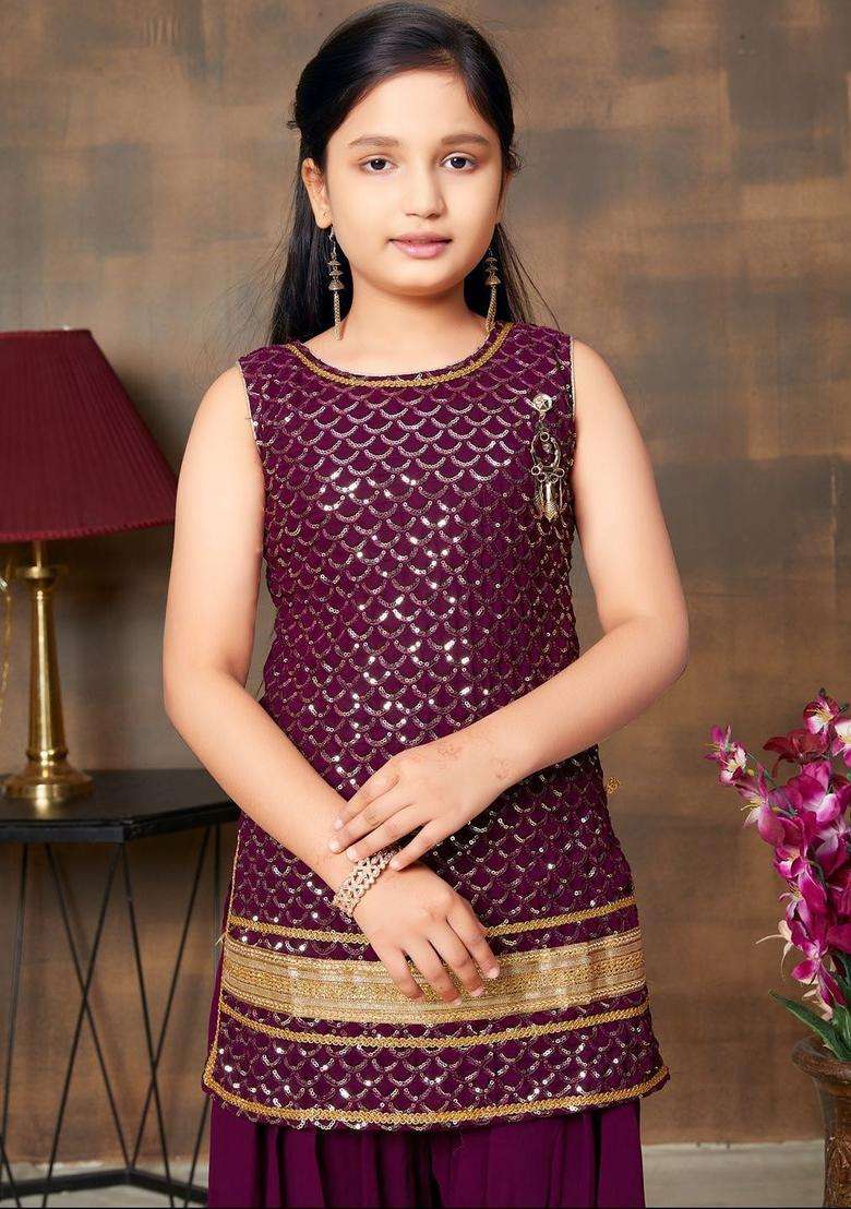 Purple  Georgette Kurta Set For Girls - Indya