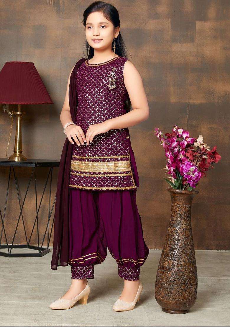 Purple  Georgette Kurta Set For Girls - Indya