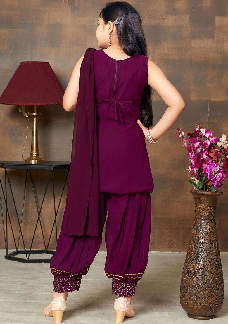 Purple  Georgette Kurta Set For Girls - Indya