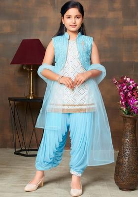 Turquoise Blue Embroidered Silk Kurta Set For Girls