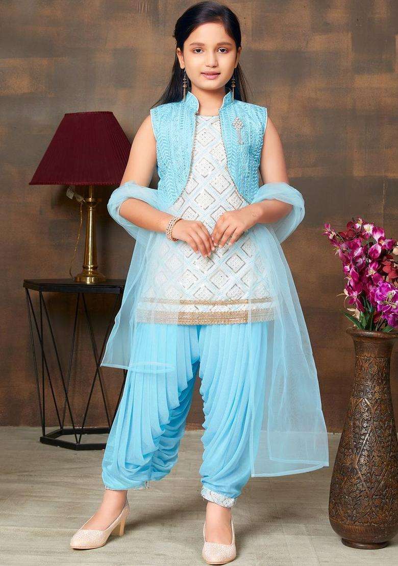 Turquoise Blue Embroidered Silk Kurta Set For Girls - Indya