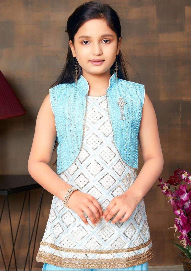 Turquoise Blue Embroidered Silk Kurta Set For Girls - Indya