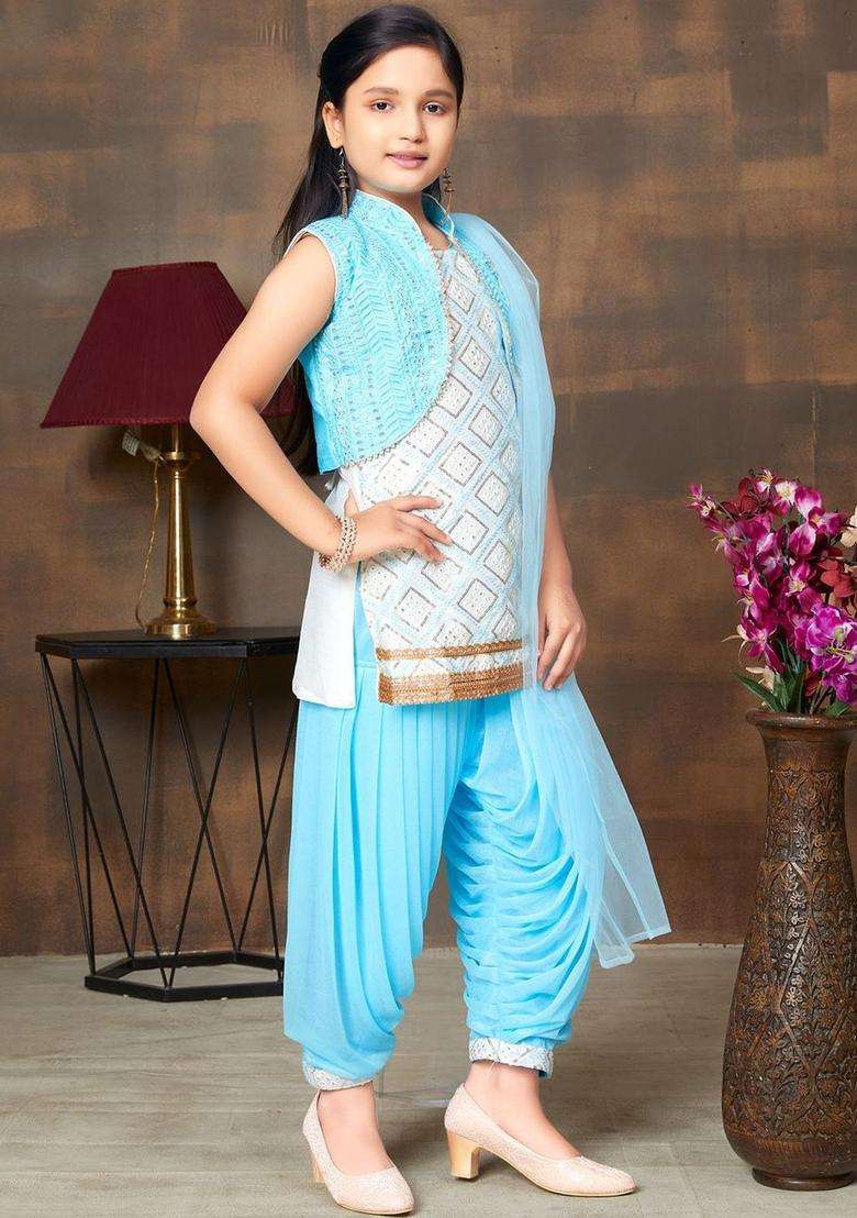 Turquoise Blue Embroidered Silk Kurta Set For Girls - Indya