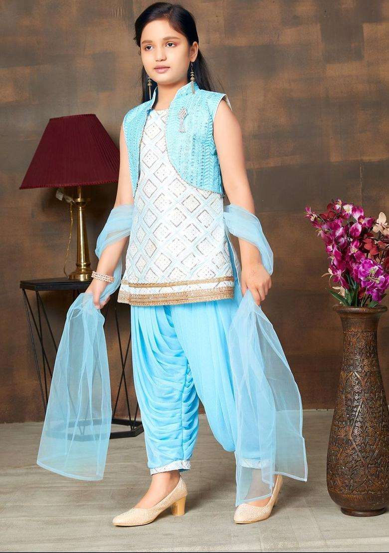 Turquoise Blue Embroidered Silk Kurta Set For Girls - Indya