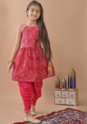 Pink Printed Chinon Kurta Set For Girls