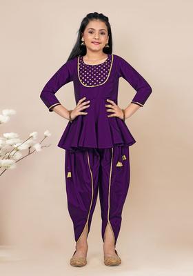 Purple Printed Polyester Kurta Set For Girls