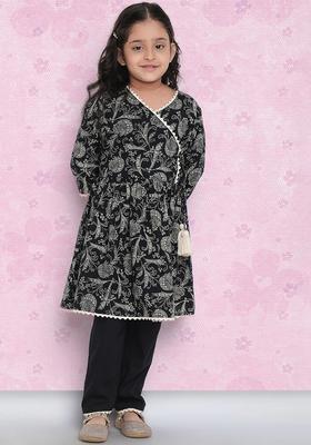 Black Printed Cotton Kurta Set For Girls