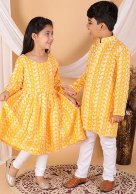 Orange Embroidered Cotton Kurta Set For Girls