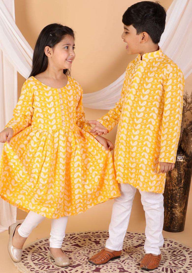 Orange Embroidered Cotton Kurta Set For Girls - Indya