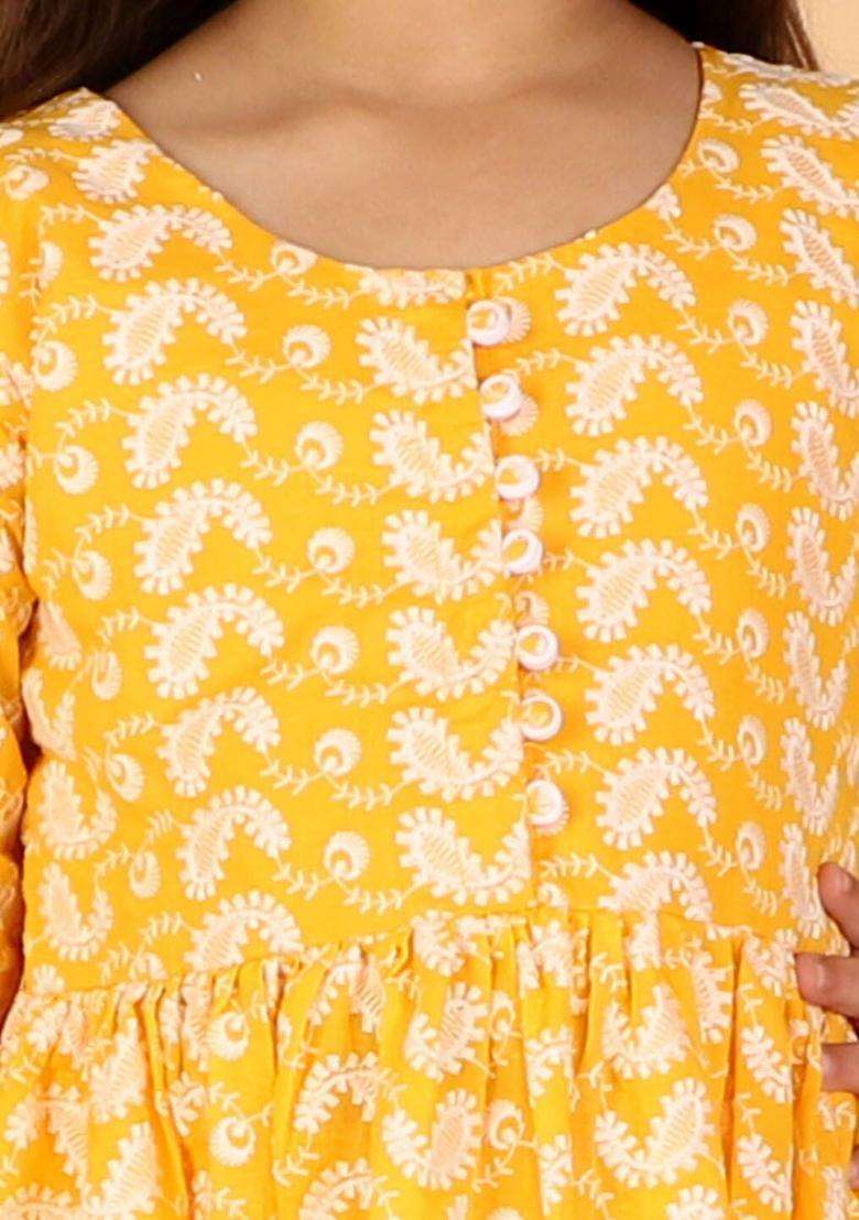 Orange Embroidered Cotton Kurta Set For Girls - Indya