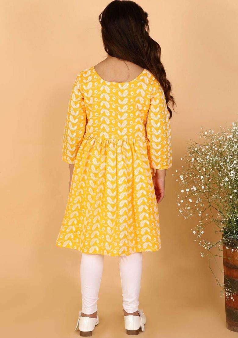 Orange Embroidered Cotton Kurta Set For Girls - Indya