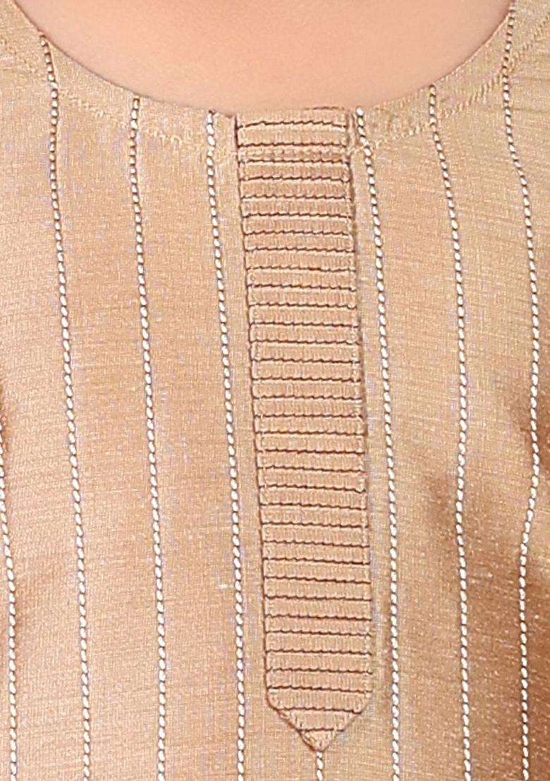 Gold Striped Cotton Kurta Set For Girls - Indya
