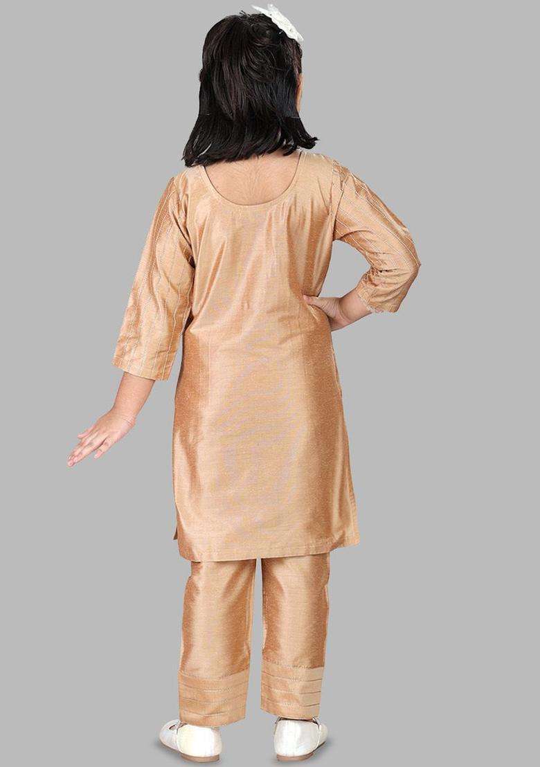 Gold Striped Cotton Kurta Set For Girls - Indya