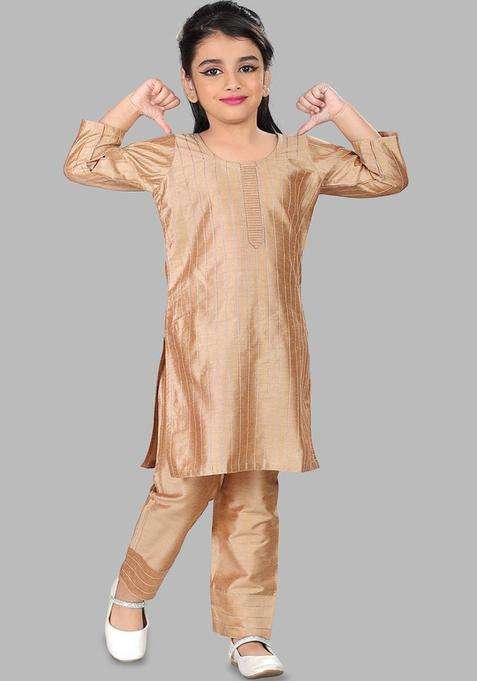 Gold Striped Cotton Kurta Set For Girls