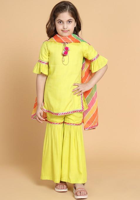 Yellow Solid Viscose Kurta Set For Girls — view on Indya
