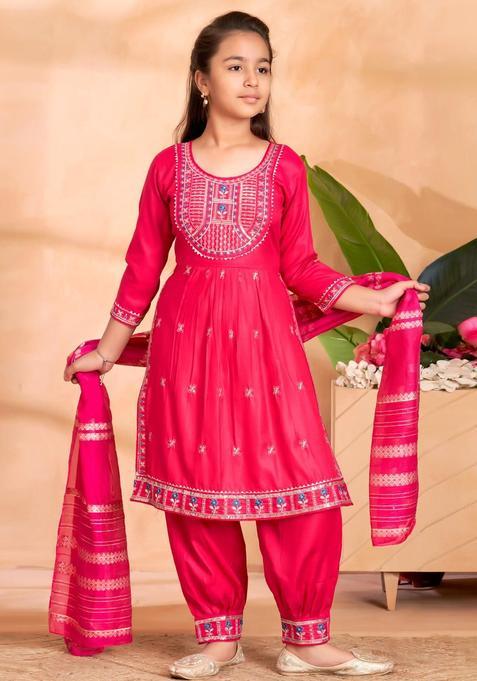 Pink Cotton Kurta Set For Girls — view on Indya