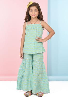 Turquoise Blue Printed Cotton Kurta Set For Girls