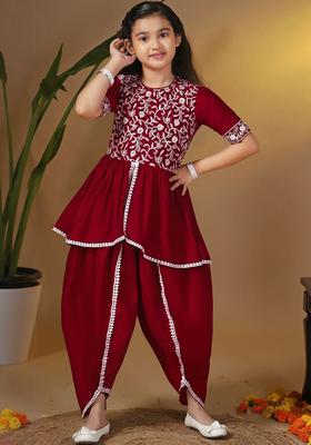 Maroon Embroidered Silk Kurta Set For Girls