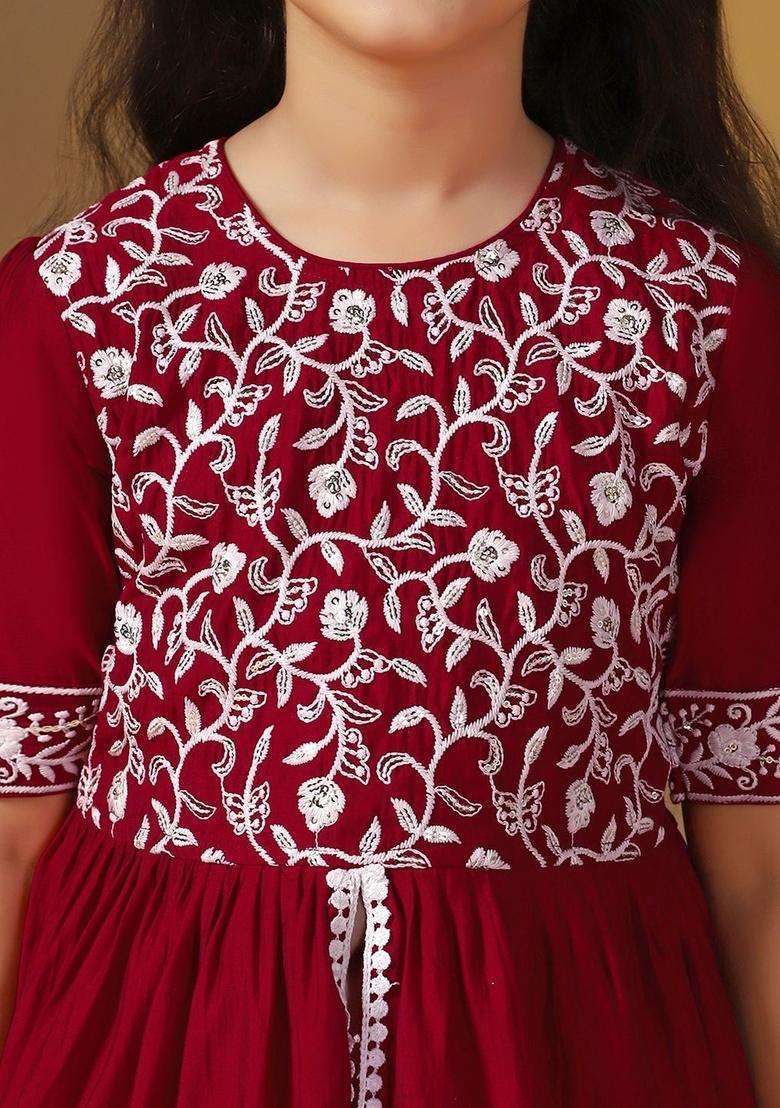 Maroon Embroidered Silk Kurta Set For Girls - Indya