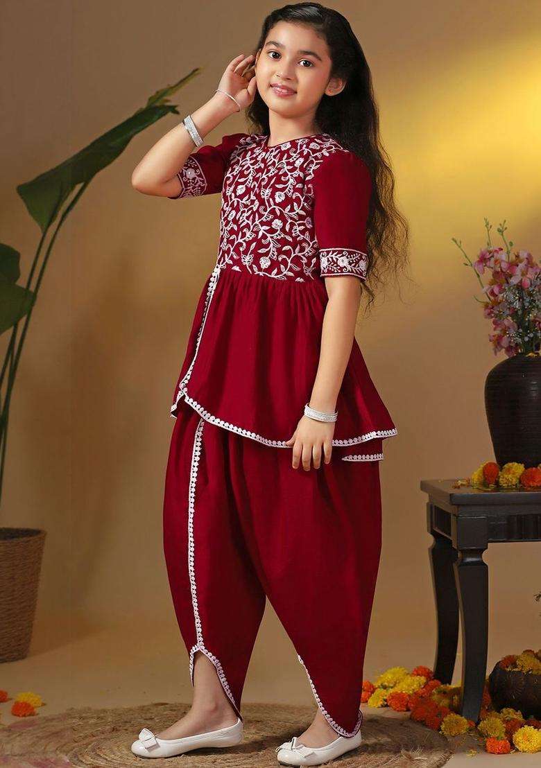 Maroon Embroidered Silk Kurta Set For Girls - Indya